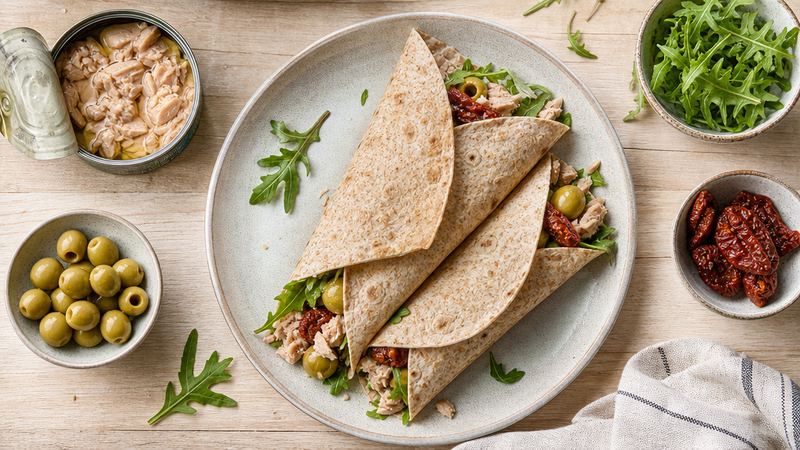 Tonijnwrap met olijven en zongedroogde tomaat