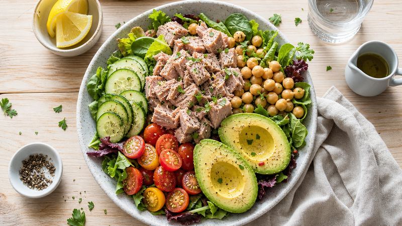 Tonijnsalade met kikkererwten, komkommer en avocado