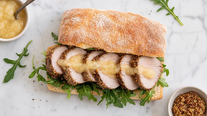 Varkenshaasbroodje met appelmoes en rucola