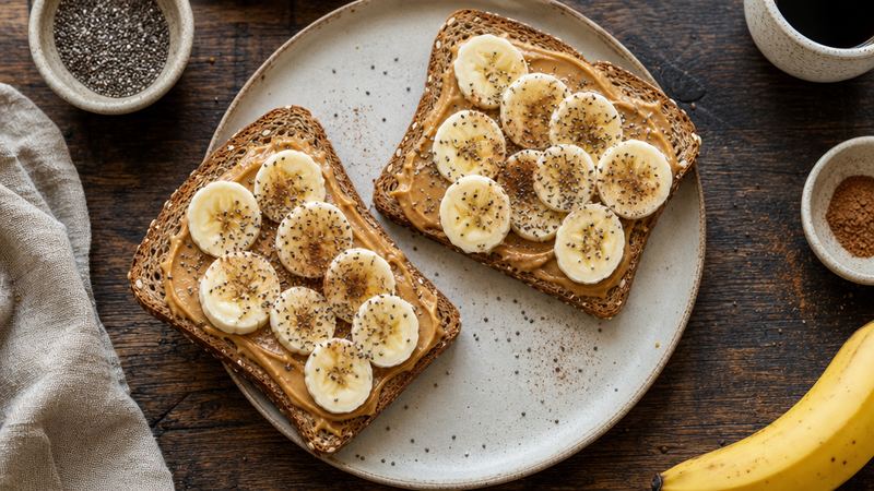 Volkorentoast met pindakaas, banaan en chiazaad