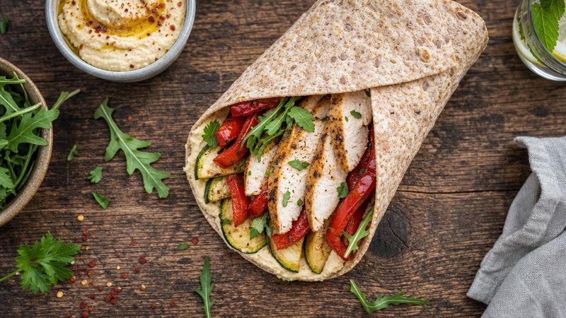 Volkoren wrap met kip, hummus en geroosterde groenten