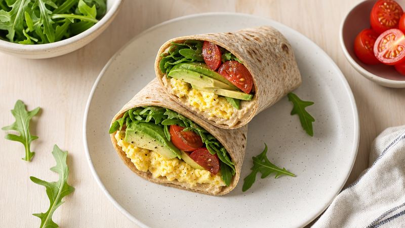 Wrap met ei, hummus, avocado en rucola