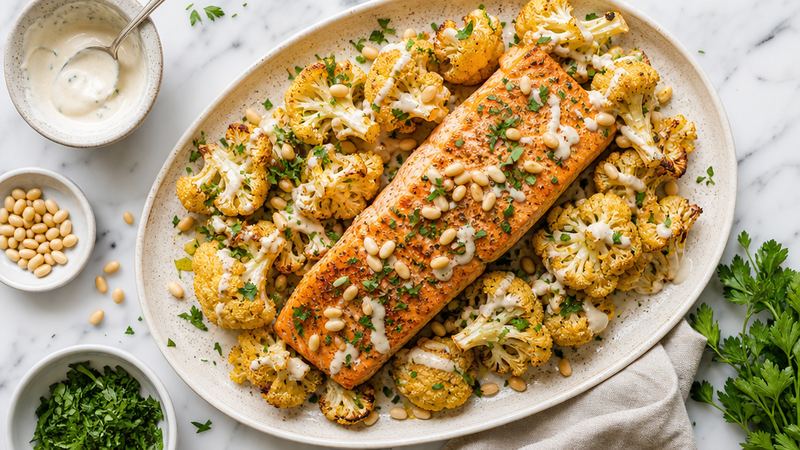 Zalm met geroosterde bloemkool en tahindressing