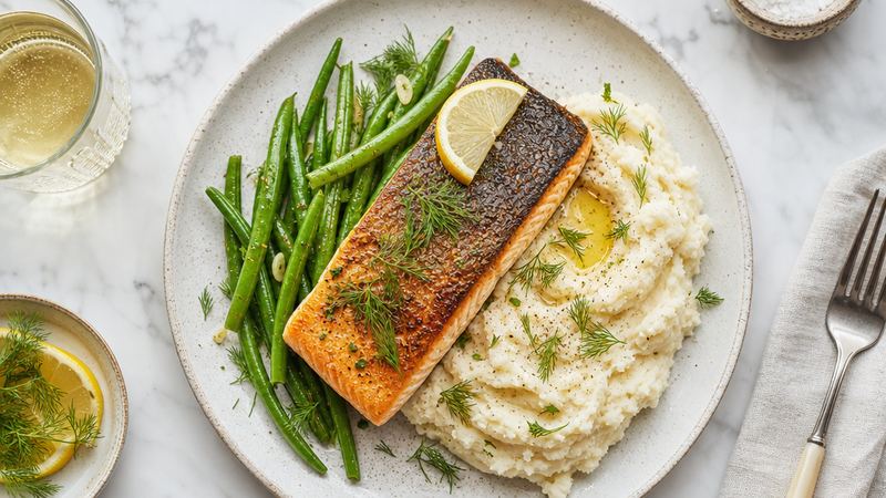 Zalm met sperziebonen en aardappelpuree