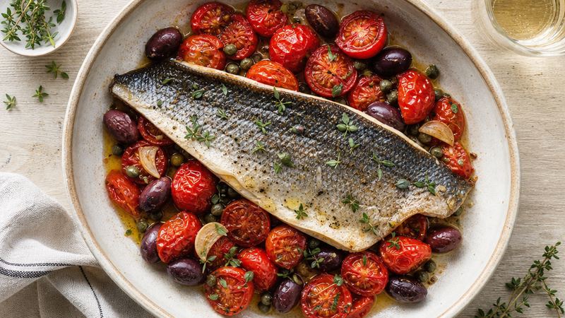 Zeebaars uit de oven met cherrytomaatjes, olijven en kappertjes
