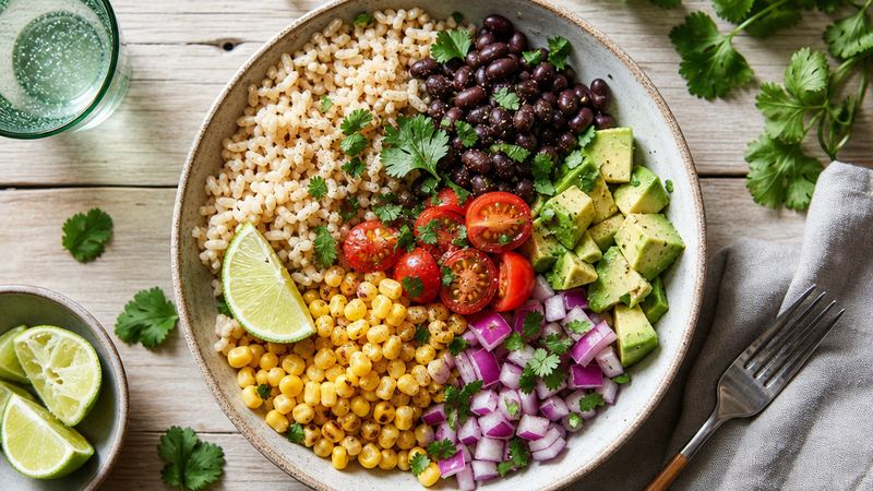 Zwarte-bonenbowl met avocado, mais en limoendressing