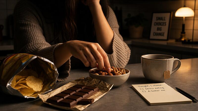 Keukenscene 's avonds: een hand reikt naar noten in plaats van chips